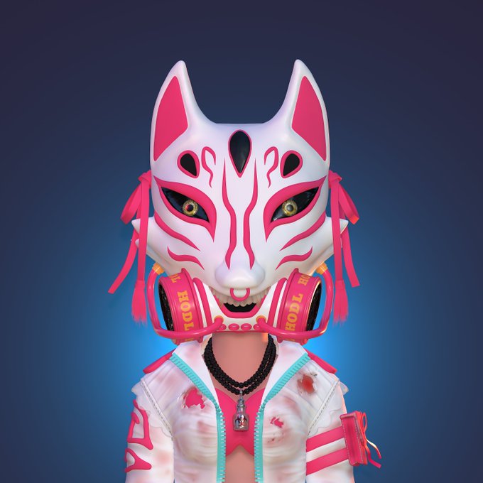 A stylized figure wearing a white-and-pink fox mask, matching outfit, headphones, necklace, and pink ribbon details against a dark blue gradient background.