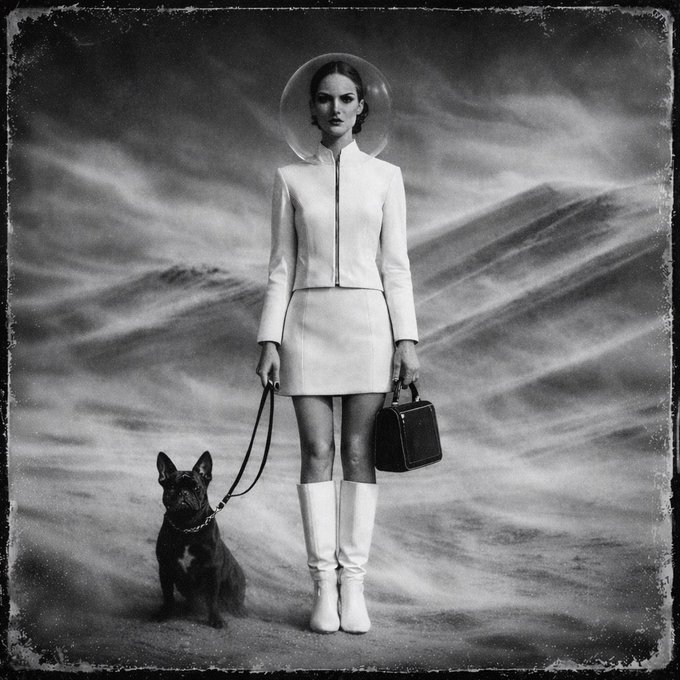 The image features a woman standing next to her dog wearing a white outfit with boots. The photo has a black and white color scheme, giving it an artistic feel. The caption reads "GM Happy #Tezostuesday Silent Arrival" which is related to the image as it seems to be part of a series or collection featuring retrofuturist elements.