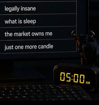 A digital clock glows "05:00 AM" beside a black bull figurine and a screen displaying "legally insane," "what is sleep," "the market owns me," and "just one more candle," capturing the grueling reality of crypto traders anticipating a potential Binance listing of $Ansem.