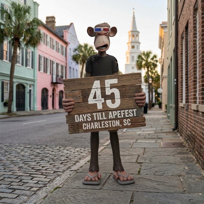 A 3D-rendered ape character wearing 3D glasses and flip-flops stands on a Charleston, SC street holding a wooden sign reading '45 DAYS TILL APEFEST'.