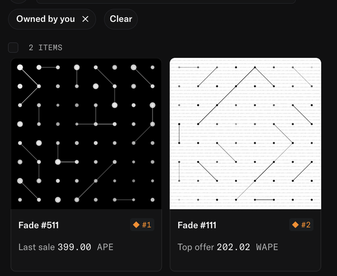 A dark-themed NFT marketplace interface showing two 'Fade' items: 'Fade #511' with a last sale of 399.00 APE and 'Fade #111' with a top offer of 202.02 WAPE, featuring dot-and-line constellation patterns.