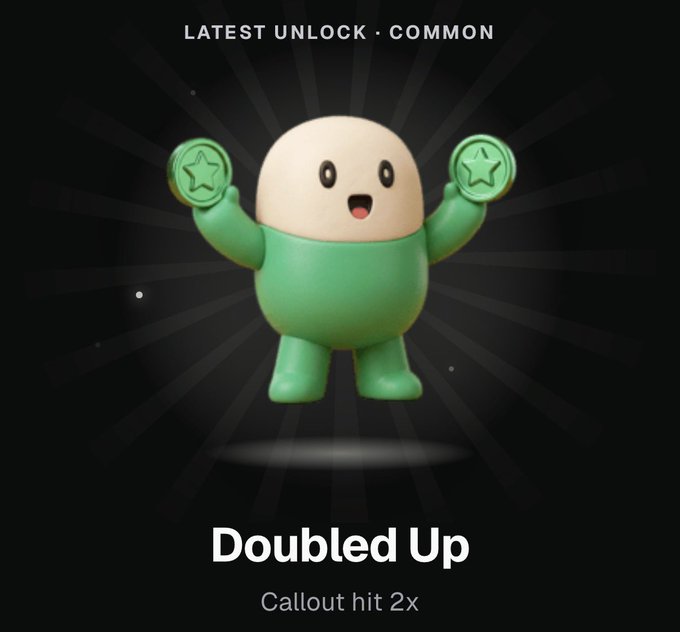 The image displays a gaming achievement screen showing a green and cream-colored cartoon character holding up two star tokens, labeled "Doubled Up" with the subtitle "Callout hit 2x" under the heading "LATEST UNLOCK · COMMON."

The post suggests frustration about not receiving recognition or hype for the $PUMP token, possibly implying that despite achieving something noteworthy (symbolized by the "Doubled Up" achievement of getting a callout twice), they feel overlooked because they aren't a paid influencer or key opinion leader (KOL).