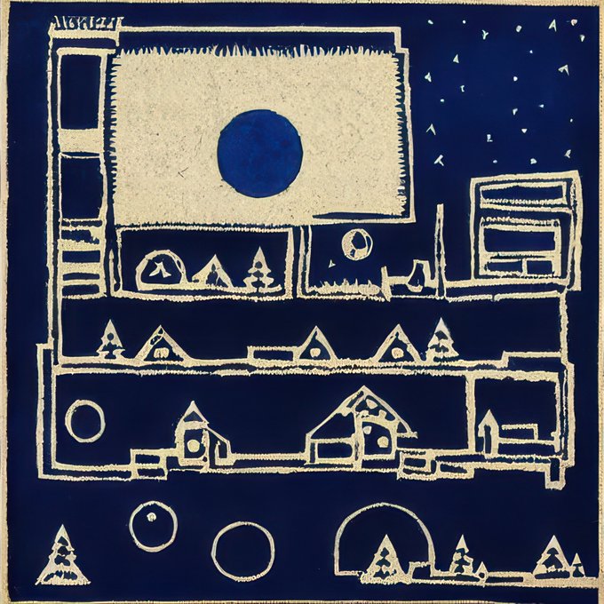 The image shows a stylized nighttime landscape artwork featuring a dark blue starry sky with a large moon, illuminated by white chalk-like outlines depicting houses, trees, and circular forms arranged in tiered levels, signed "No. 6121" in the top corner. The piece visually reflects the post's sentiment of receiving a special 1/1 (one-of-one) artwork gift from artist @LEGIO_X_, capturing the peaceful, intimate aesthetic that makes such gifted pieces feel like meaningful treasures in a collection.