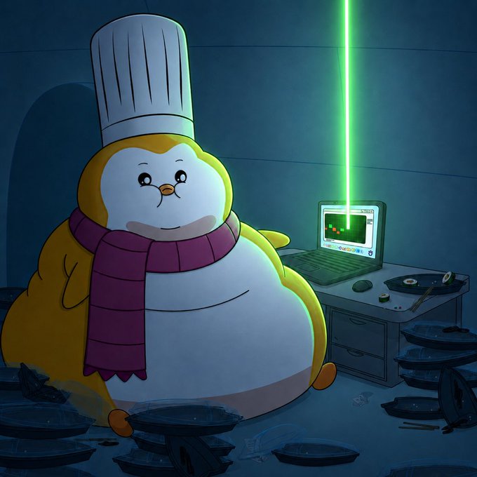 An animated, round yellow character wearing a chef's hat and a red scarf sits in a dark room surrounded by scattered vinyl records, with a laptop displaying a green waveform and a green laser beam shooting upward from it.