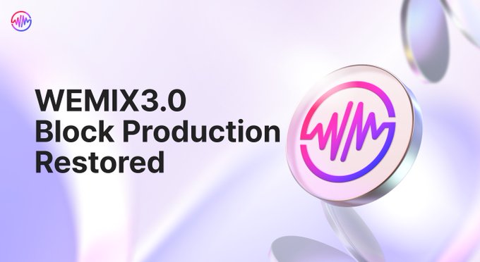 A promotional graphic with a soft purple gradient background announcing 'WEMIX3.0 Block Production Restored' alongside the WEMIX logo.