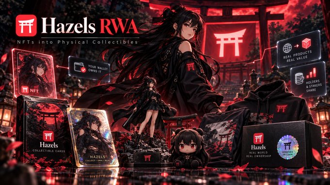 Promotional graphic for "Hazels RWA" featuring an anime-style character in black and red surrounded by Hazels-branded merchandise including NFT cards, collectible cards, and apparel, with text overlays highlighting "NFTs into Physical Collectibles," "Real Products Real Value," and "Holders Ownership Share," illustrating the project's expansion from digital NFTs to tangible branded products.