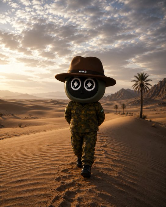 A masked figure wearing a wide-brimmed "YOUKIE" hat and camouflage stands alone in a vast desert under a dramatic sky, evoking themes of hidden identity and confidentiality. The mysterious wanderer visually echoes the post's discussion of Primus and Fully Homomorphic Encryption, symbolizing how information can be concealed in plain sight yet still preserve its utility.