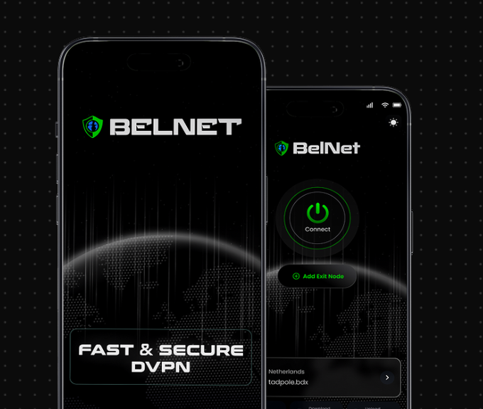 Two smartphones display the BelNet VPN app interface with green power button 'Connect' and 'FAST & SECURE DVPN' text.