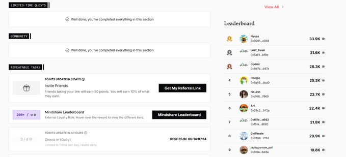 A leaderboard interface showing top users with points (Nessa 33.9K, Leaf_Swan 31.6K, Gedar 28.3K) alongside community tasks like inviting friends and daily check-ins.