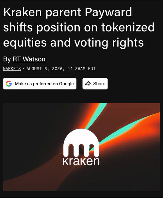 A news article headline reading "Kraken parent Payward shifts position on tokenized equities and voting rights" by RT Watson, dated August 5, 2026, with the Kraken logo displayed below.