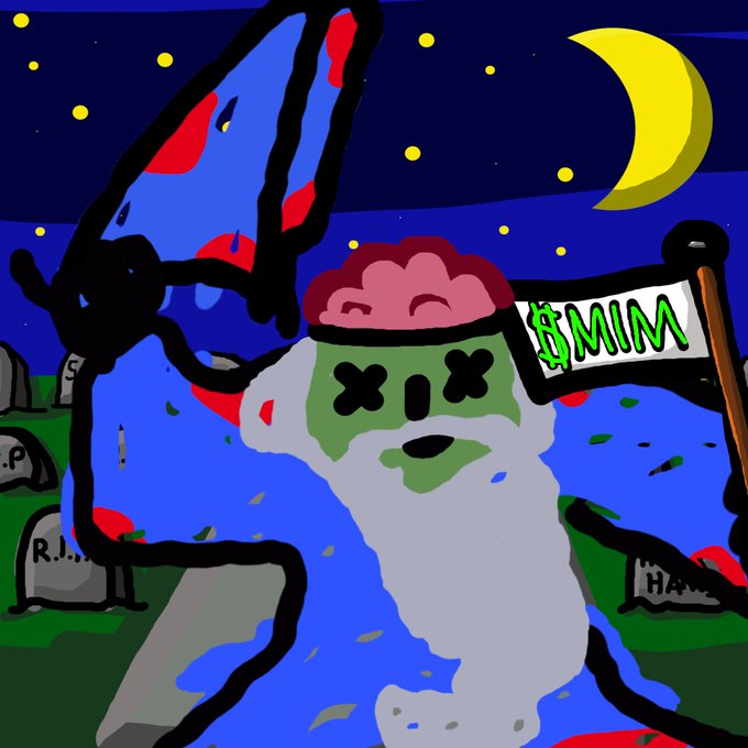 A digital drawing of a zombie-like figure with X eyes and an exposed brain holding a '$MIM' flag in a graveyard at night under a crescent moon.