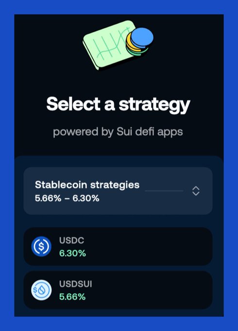 A dark-themed app interface titled 'Select a strategy powered by Sui defi apps' displaying stablecoin strategies with USDC at 6.30% and USDSUI at 5.66%.