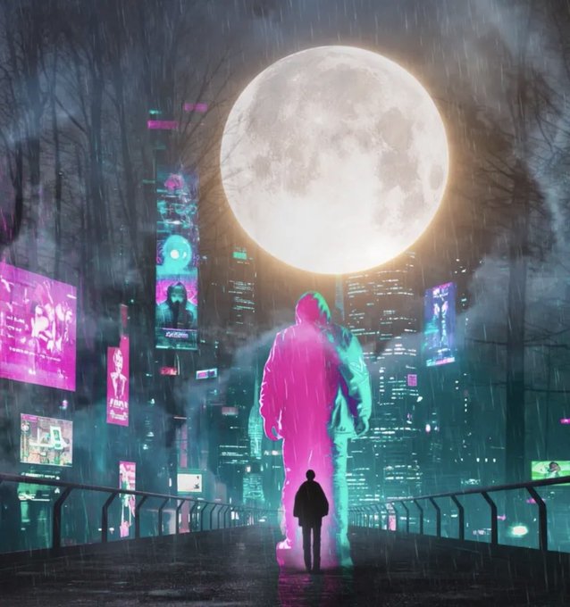 A stylized cyberpunk digital artwork showing a small silhouette of a person facing a large pink/cyan figure under a massive full moon in a rainy neon cityscape.