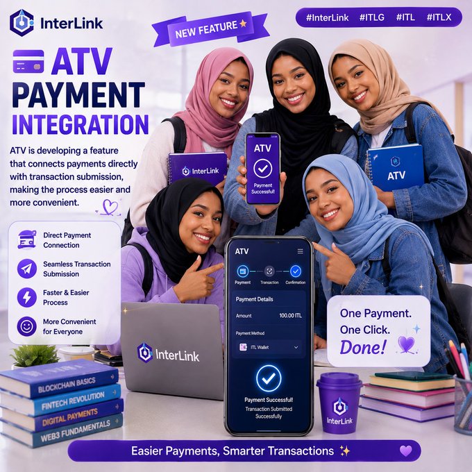 A promotional graphic for 'InterLink' titled 'ATV PAYMENT INTEGRATION' features five smiling women in hijabs and illustrates features like Direct Payment Connection and Seamless Transaction Submission.