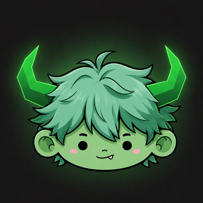 A cute chibi-style cartoon character with green hair, small green horns, and a small fang sticking out its mouth, set against a dark background.