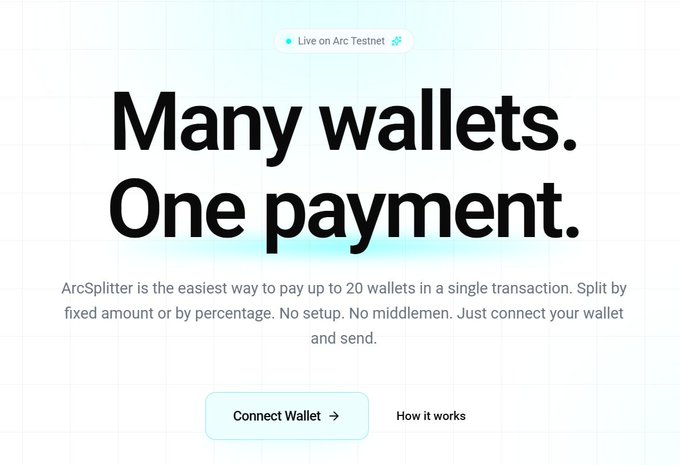 The image shows a screenshot of an Arcsplitter page that displays information about managing multiple wallets for payment purposes. The text on the screen reads "Many wallets. One payment." This indicates that there are many wallet accounts being managed by the platform, and they all need to be connected to one account for payments. The post also mentions that the team is working on an Arc Splitter testnet project focused on managing payments efficiently.