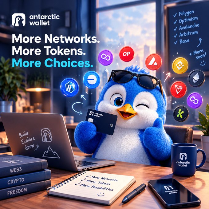 A promotional image for "antarctic wallet" featuring a blue penguin mascot with sunglasses holding a wallet card, surrounded by crypto token icons and text advertising "More Networks. More Tokens. More Choices."