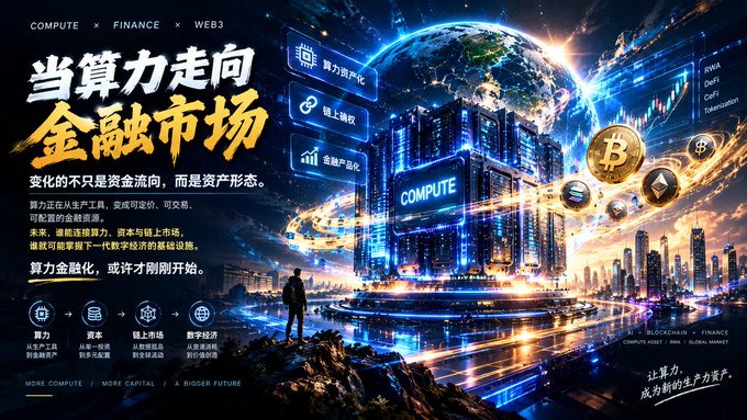 A promotional graphic in Chinese discussing 'compute tokenization' entering financial markets, featuring cityscapes, Earth, Bitcoin imagery, and tags like COMPUTE, FINANCE, and WEB3, with the tagline 'MORE COMPUTE, MORE CAPITAL, A BIGGER FUTURE.'