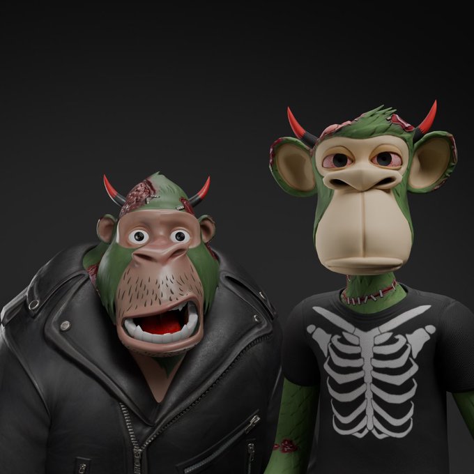 Two 3D-rendered monkey characters with green skin and red devil horns; one wears a black leather jacket showing teeth in an aggressive expression, while the other wears a black t-shirt with a white skeleton ribcage design.