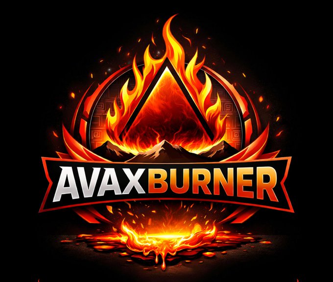 A fiery logo design featuring a triangular symbol engulfed in flames with the text 'AVAX BURNER' displayed prominently on a banner.