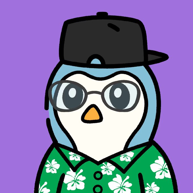 A cartoon penguin wearing a backwards black cap, round glasses, and a green Hawaiian shirt with white floral patterns, set against a purple background—serving as a stylized NFT giveaway mascot to attract the first 60 ETH wallets.