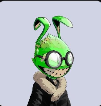 A digital character illustration of a green humanoid figure with rabbit-like ears, large round goggles, and a black fur-collared jacket against a light purple background.