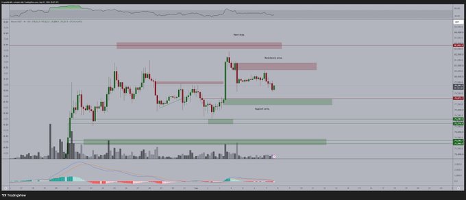 A daily Bitcoin/USD chart on TradingView displays price action with labeled "Bank area," "Resistance area," and "Support area" zones, alongside a MACD indicator and volume bars at the bottom. The chart illustrates the recent bounce being discussed, with price hovering around key resistance levels as the post debates whether Bitcoin will retest the $72,000-$74,000 support range.