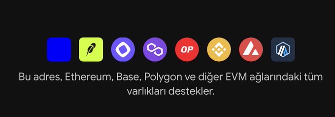 The image displays logos of multiple blockchain networks including Ethereum, Base, Polygon, Optimism (OP), BNB Chain, Avalanche, and WordPress, with Turkish text stating "Bu adres, Ethereum, Base, Polygon ve diğer EVM ağlarındaki tüm varlıkları destekler," meaning the address supports all assets across Ethereum, Base, Polygon, and other EVM networks—visually reinforcing the post's message that Base App supports multi-chain interoperability beyond just Base.