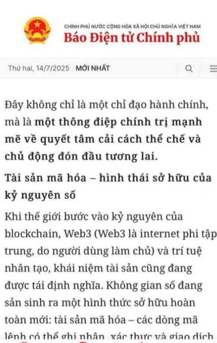 A screenshot of "Báo Điện tử Chính phủ" (Government Electronic Newspaper) of Vietnam dated 14/7/2025, featuring an article about administrative reform and digital assets/cryptocurrency in the blockchain era.
