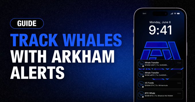 A promotional graphic titled "GUIDE: TRACK WHALES WITH ARKHAM ALERTS" featuring a smartphone displaying the Arkham app's alert feed, showing notifications like a "Whale Transfer" of $100M USDT and a "VC Funds" transfer of $100M ETH, illustrating how users can set up real-time on-chain transaction alerts to monitor large cryptocurrency movements.