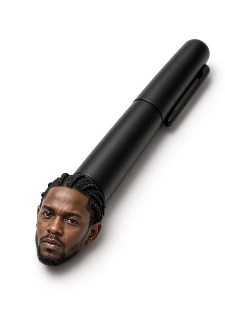 A black marker pen with the face of a man with braided hair superimposed on its tip, appearing to be a meme or AI-edited image on a white background.
