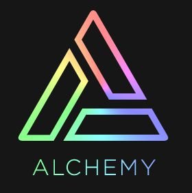 A logo for 'ALCHEMY' featuring a stylized three-dimensional triangular prism design in vibrant rainbow gradient colors against a black background.