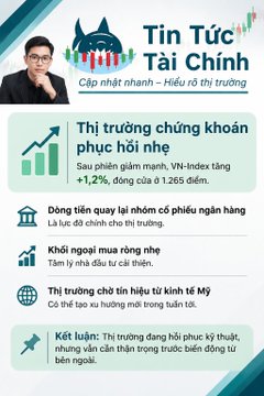 A Vietnamese financial news graphic titled 'Tin Tức Tài Chính' featuring a presenter and headlines about stock market recovery, with mentions of 'WN-Index', and a section noting 'Kết luận'.
