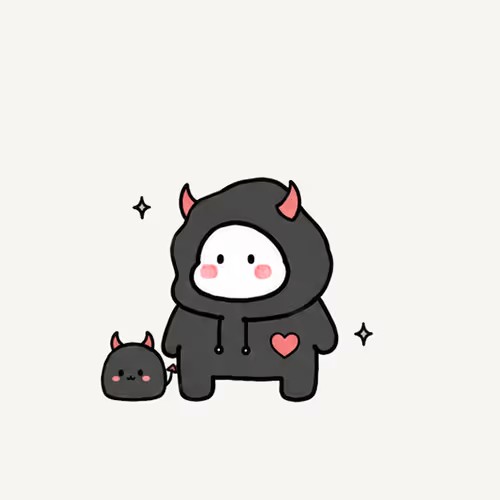 A cute cartoon illustration of a small white character wearing a black devil costume with red horns and a heart, standing next to a matching small black creature.