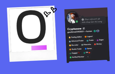 A collage showing a large letter 'O' with small heart illustrations next to a Discord profile for 'Cryptomow' with the username 'goodline21302001' and a status in Vietnamese.