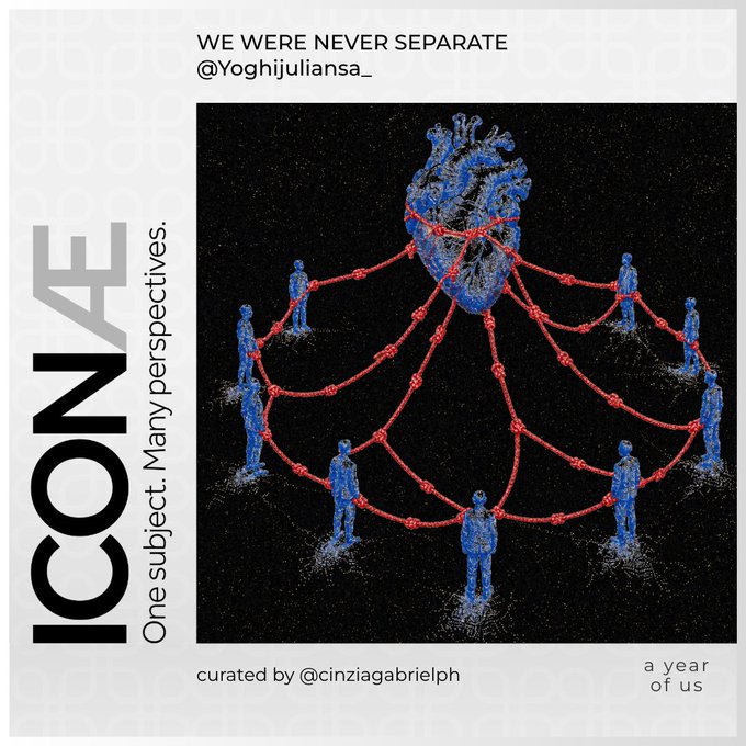 A graphic poster titled "ICONIC" and "WE WERE NEVER SEPARATE @Yoghjuliansa_" featuring the text "One subject. Many perspectives." and "curated by @cinziagabrielph" and "a year of us." The central image shows a blue anatomical heart connected by red threads to several blue human figures arranged in a circle.