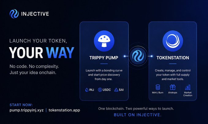 An advertisement for Injective blockchain featuring 'TRIPPY PUMP' and 'TOKENSTATION' platforms with the tagline 'LAUNCH YOUR TOKEN, YOUR WAY' and 'BUILT ON INJECTIVE.'
