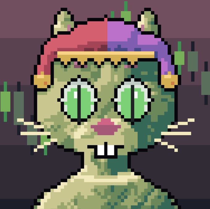 A pixel art illustration of a green cat with large green eyes, wearing a colorful beaded hat, set against a purple background with green candlestick chart patterns suggesting financial markets.