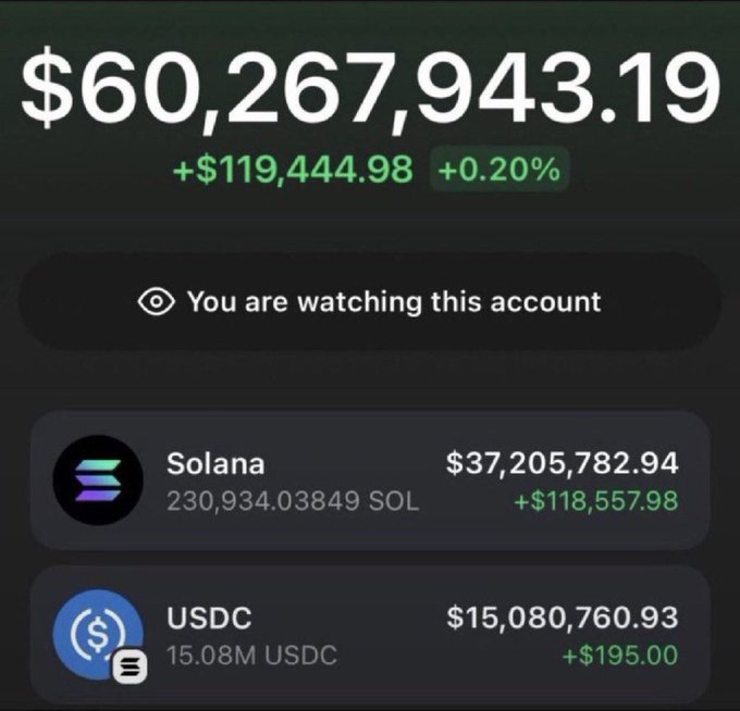 A screenshot of a crypto portfolio showing a total balance of $60,267,943.19 (+$119,444.98 / +0.20%), with the "You are watching this account" label, displaying 230,934.03 SOL ($37,205,782.94) and 15.08M USDC ($15,080,760.93). The image is used to promote a fake "0.8 SOL Giveaway" scam, falsely implying endorsement by a wealthy wallet to lure users into liking, retweeting, following, and dropping their Solana addresses.