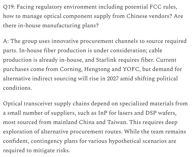 A text excerpt answers Q19 about managing optical component supply from Chinese vendors amid FCC regulations, mentioning reliance on suppliers like Corning, Hengtong, YOFC, and concerns over InP and DSP wafer sourcing.