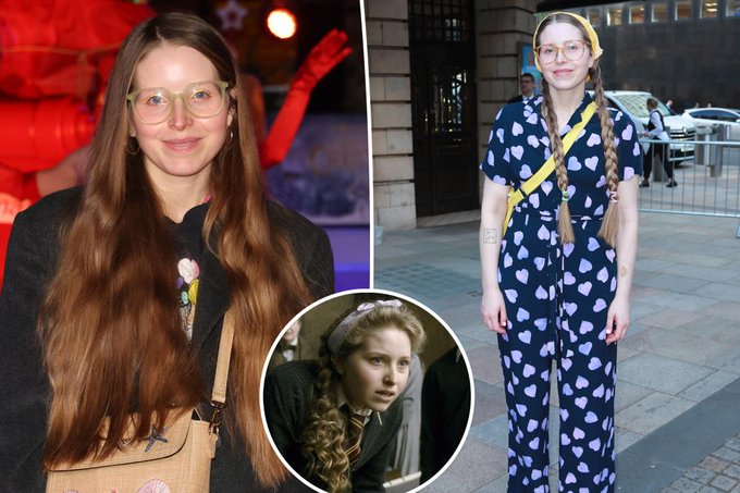 The image shows a young woman with long red hair and glasses in two recent photos—one wearing a black top and another in a blue and purple heart-patterned jumpsuit—alongside a vintage still of her with blonde braids, likely referencing her role as Luna Lovegood in the Harry Potter films, which connects to the post's enthusiastic reaction to a $1,350 price point.