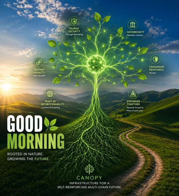 A promotional graphic for Canopy featuring a glowing green tree with roots extending into rolling hills, advertising infrastructure for a self-reinforcing multi-chain future with features like Shared Security Through Restaking, Instant Finality with NestBFT, and Built-In Interoperability. The text reads 'GOOD MORNING. ROOTED IN NATURE. GROWING THE FUTURE. CANOPY.'
