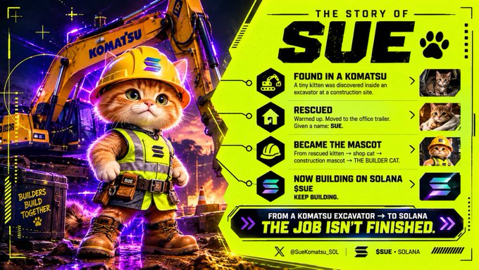 A vibrant promotional graphic titled 'THE STORY OF SUE' featuring a cartoon kitten in construction gear, with timeline milestones including 'FOUND IN A KOMATSU', 'RESCUED', 'BECAME THE MASCOT', and 'NOW BUILDING ON SOLANA', tagged $SUE - SOLANA.
