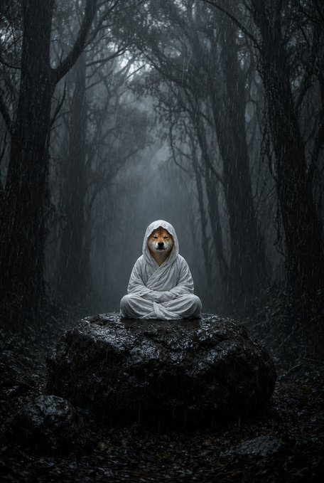A surreal digital artwork depicting a dog wearing a hooded white robe meditating in a lotus position on a rock in a misty, dark forest.
