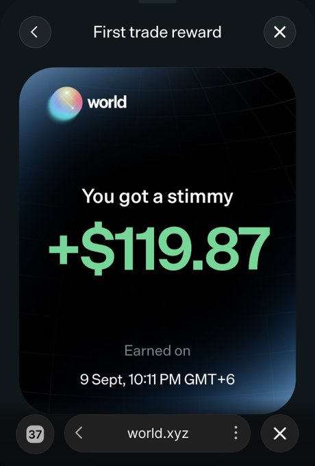 A mobile screenshot of a 'First trade reward' popup from 'world.xyz' showing '+ $119.87' earned on 9 Sept, 10:11 PM GMT+6.