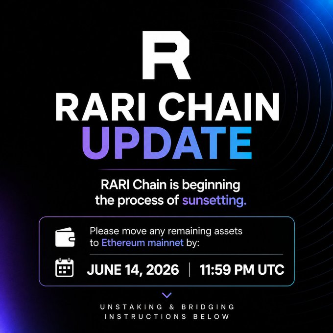 The image shows an advertisement for Rarichain Chain Update. The text on the poster indicates that the chain is about to shut down permanently, and users are advised to move their assets before June 14th at 11:59 PM. There is also a small wallet icon in the bottom left corner of the poster, which might be related to the cryptocurrency being advertised.