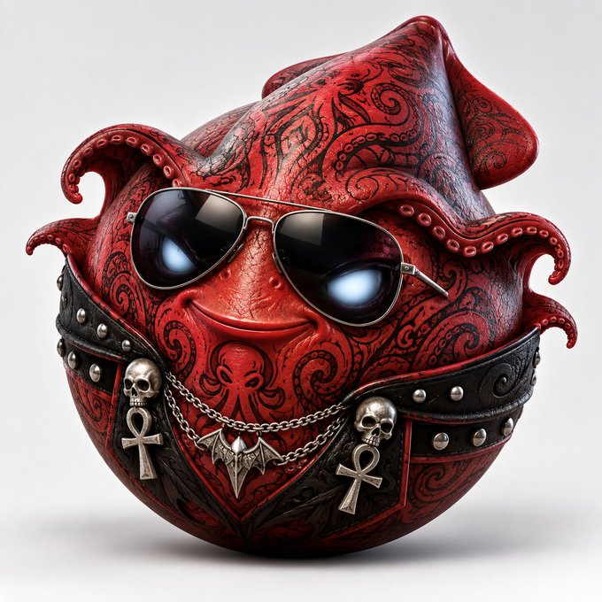 A detailed 3D rendering shows a spherical, deep red creature or object adorned with intricate swirling patterns, wearing silver aviator sunglasses and a black studded belt with dangling silver skull and cross, as well as bat, charms.