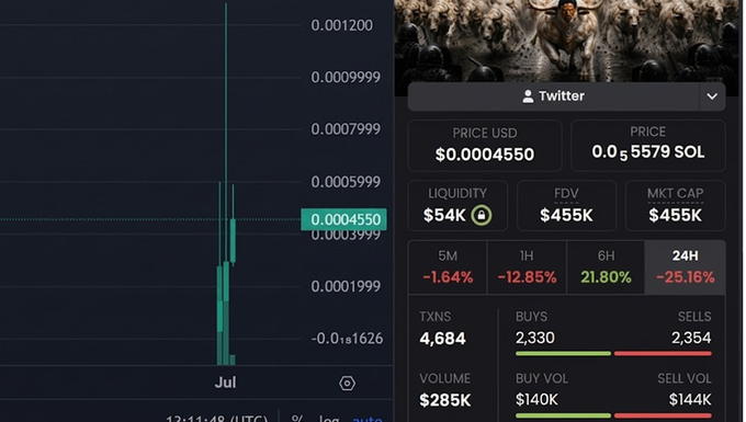 A cryptocurrency trading chart for a "Twitter" token showing a price of $0.0004550 (0.0₅5579 SOL) with a market cap of $455K and FDV of $455K, alongside stats showing 4,684 transactions, $285K volume, and significant price drops of -25.16% over 24H and -12.85% over 1H. The image visually supports the post's warning about James Wynn's alleged rug-pull tokens, displaying the sharp decline and red sell-side activity typical of a scam token collapsing shortly after launch.