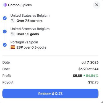 Betting slip showing a combo of 3 picks for United States vs Belgium and Portugal vs Spain matches on July 7, 2026, costing $6.90 for a potential $12.75 payout (84.84% profit).
