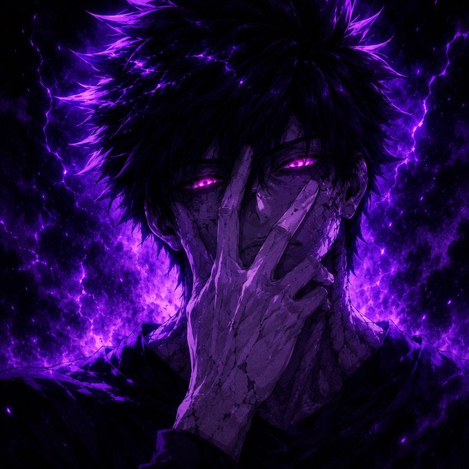 A dark, purple-hued anime illustration shows a figure with glowing pink eyes and cracked skin covering his face with one hand, surrounded by crackling violet energy.

The image's dark, mysterious, and intense energy visually evokes the hype and excitement of discovering rare NFT mint opportunities.